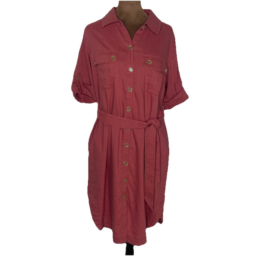 Soft Surroundings Shirt Dress Women PS Blush Linen Blend Button Belt Lagenlook